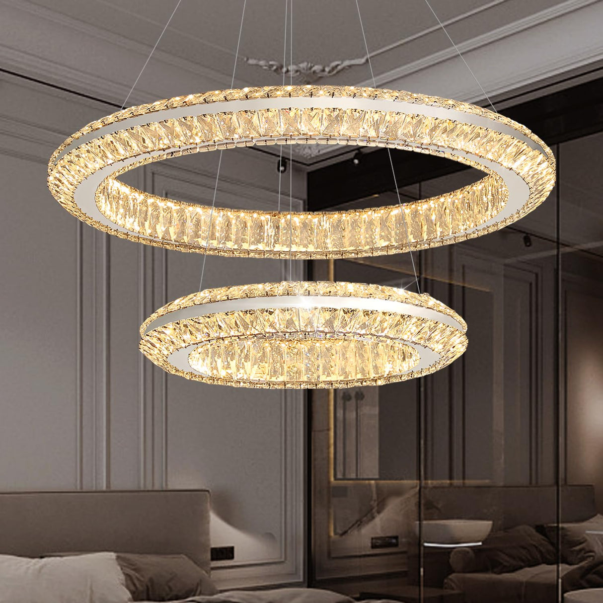 Flashing God 2 Ring Chandelier Modern Crystal Chandeliers LED Pendant Lights Silver Ring Chandelier for Bedroom Dining Room High Ceiling Foyer