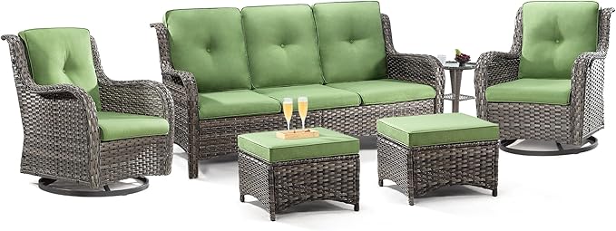 5 Piece Outdoor Patio Furniture Set Wicker Conversation Bistro Set Swivel Rocking Chairs with Side Table and Ottomans for Backyard, Porch, Deck(Mixed Grey/Orange)