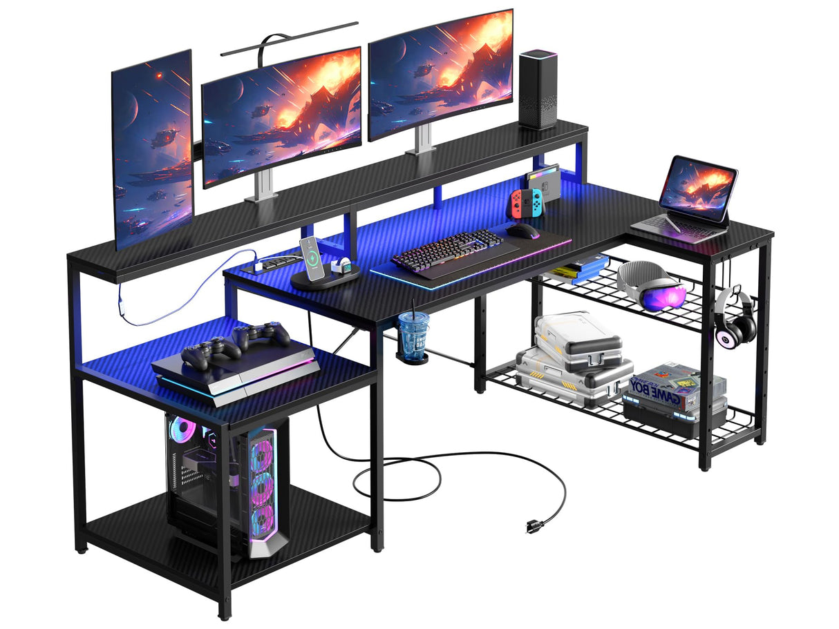 Gaming Desk with Power Outlet, 71.5 inch LED Computer Desk with Monitor Stand