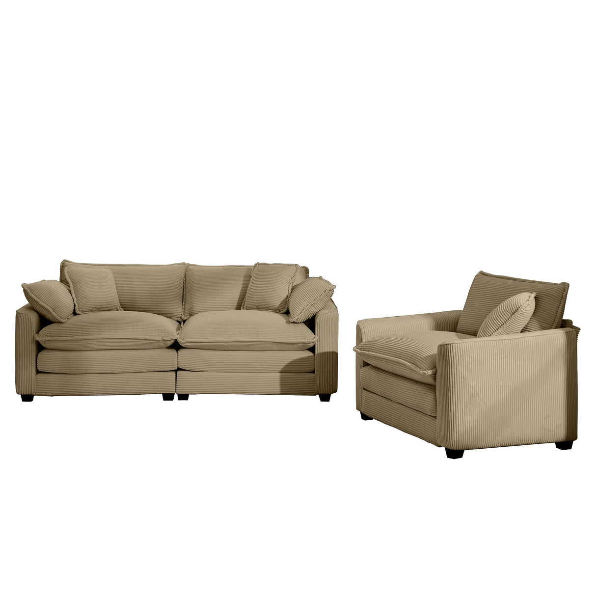 Ergonomic Two-Piece Living Room Sofa Set with Soft Fabric - Single Seat & 3-Seater in Tan