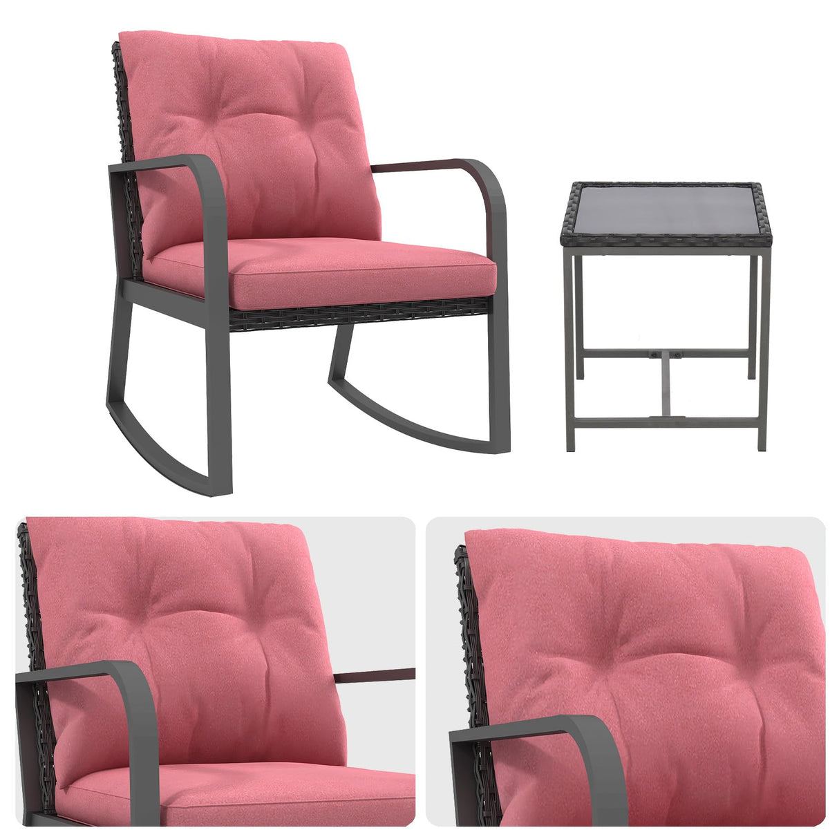 3 Pieces Patio Bistro Set Outdoor Rocking Chair w Cushion for Yard Garden Poolside (Red)