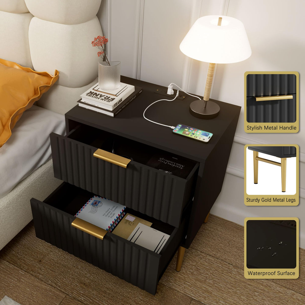 Black Nightstand Set of 2 with Charging Station, Fluted Nightstand with Drawers