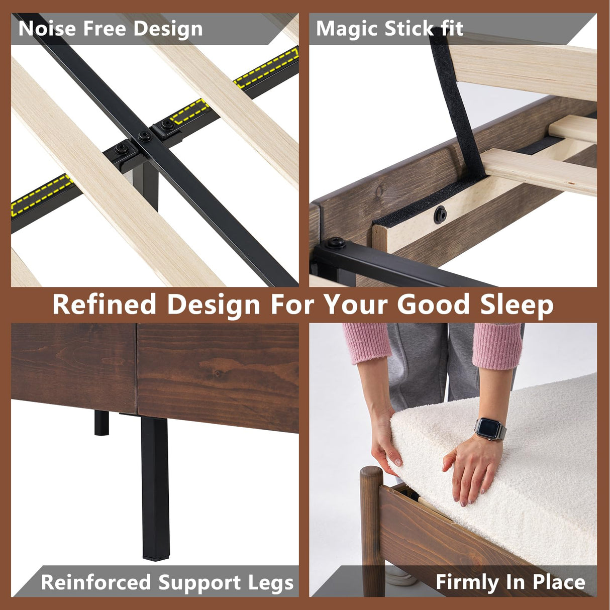 Solid Wood Bed Frame with Ergonomic Headboard, Full Size Mid Century Wooden