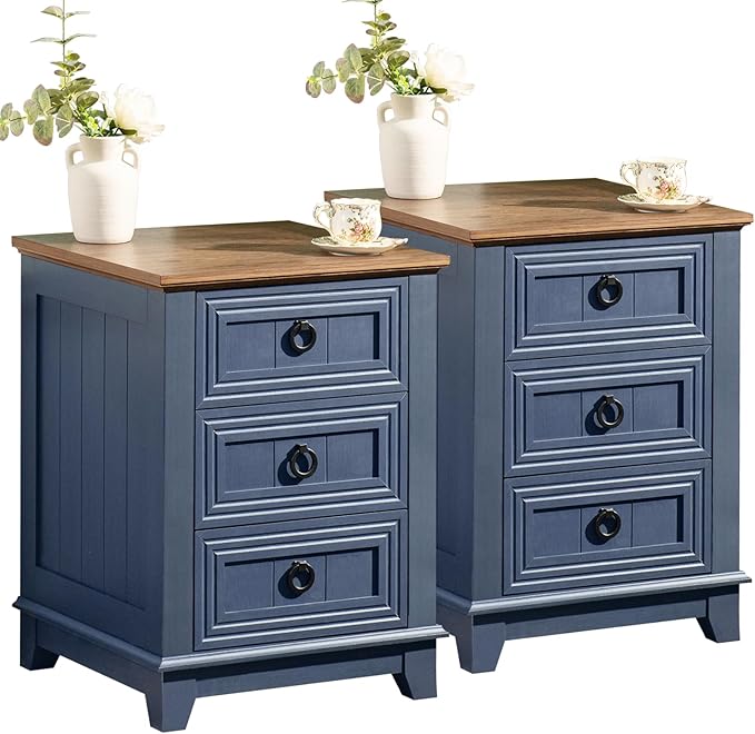 Nightstand Set of 2, Farmhouse 18 Inch End Table with 3 Drawer Metal Handle