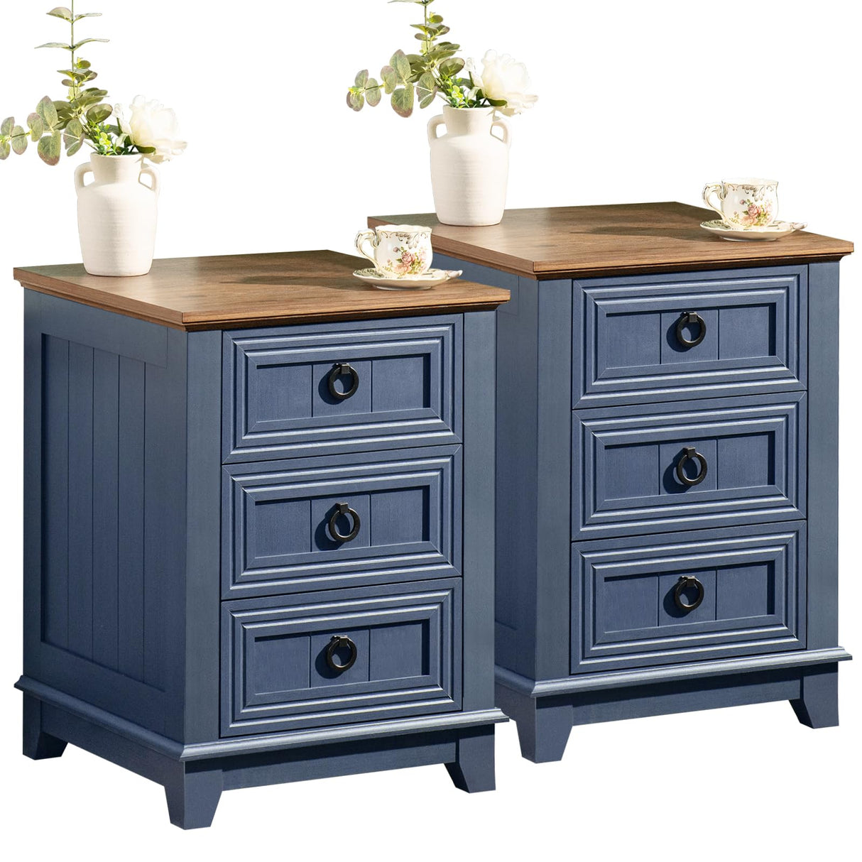 Nightstand Set of 2, Farmhouse 18 Inch End Table with 3 Drawer Metal Handle