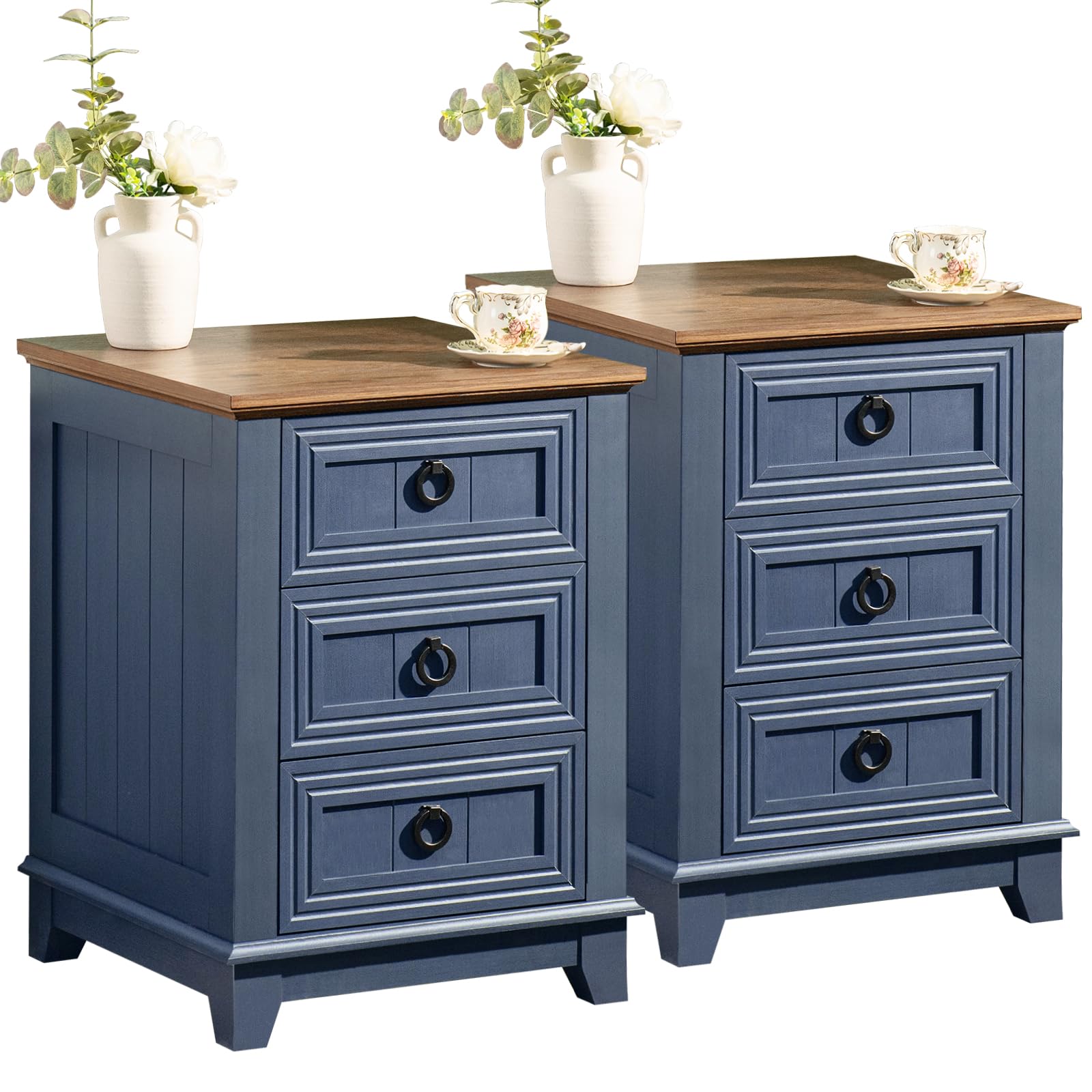 Nightstand Set of 2, Farmhouse 18 Inch End Table with 3 Drawer Metal Handle