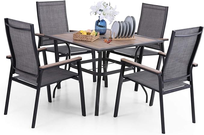 5 PCS Patio Dining Set, Round Metal Steel Dining Table with 1.57" Umbrella Hole