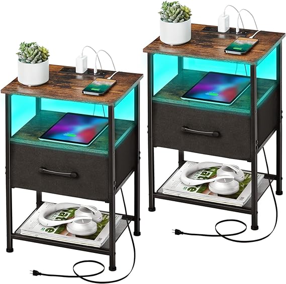 Nightstands Set of 2 with Fast Charging Station and Drawer, End Table Bedside Table