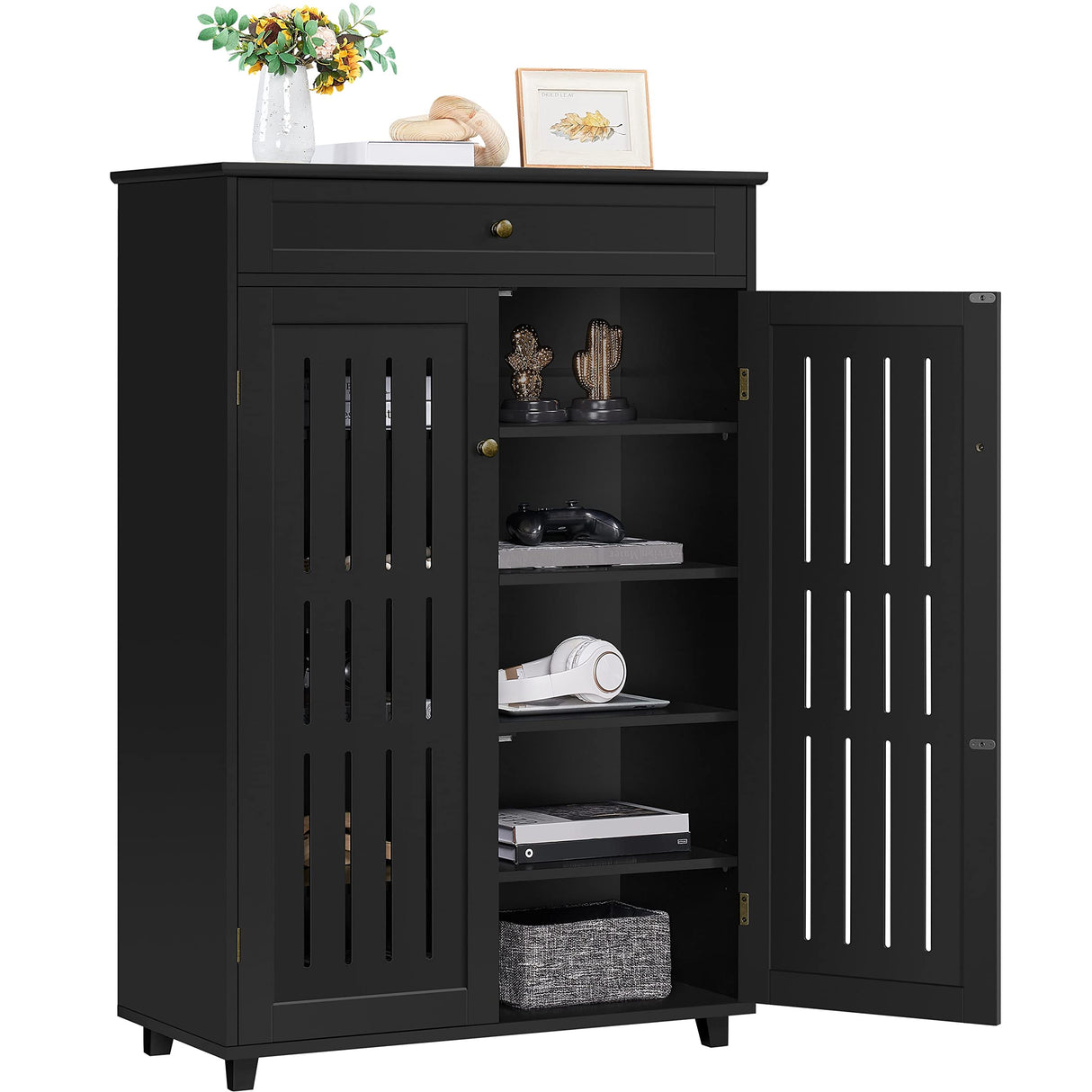 Storage Cabinet Floor Storage Organizer Wooden Cabinet with Drawer 2 Doors for Entryway