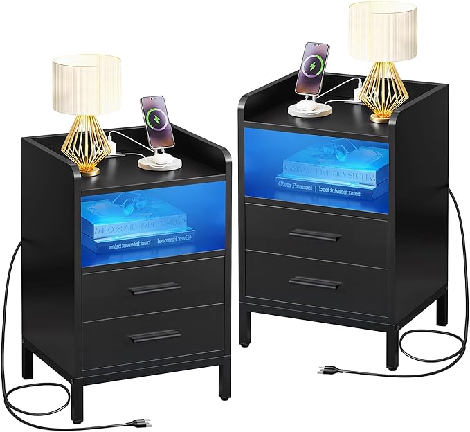 Nightstand with Charging Station & LED Lights