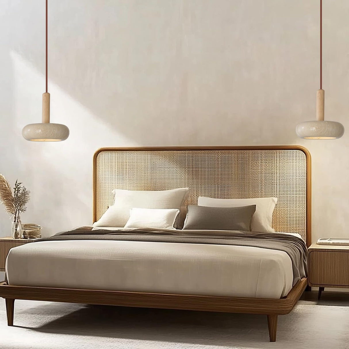 Wabi-sabi Style Pendant Light Round Natural Stone Shade Nordic Wood Chandelier Bedroom