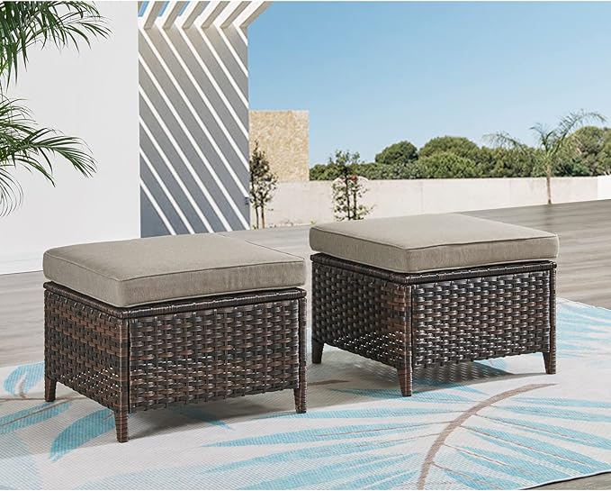 Outdoor Ottomans for Patio Set of 2 PE Wicker Steel Frame Outdoor Footstool for Patio