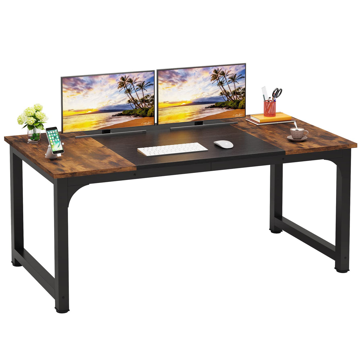 63 Inch Large Executive Computer Office Desk, Brown+Black