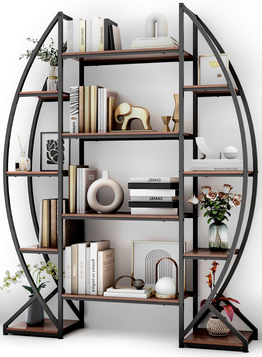 Large Oval Bookshelf – 70” Tall, 5-Tier Industrial Metal & Wood Bookcase