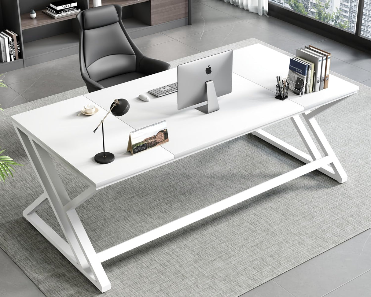 White 70.8" Computer Desk, Modern Large Long Wood Metal Office Desk