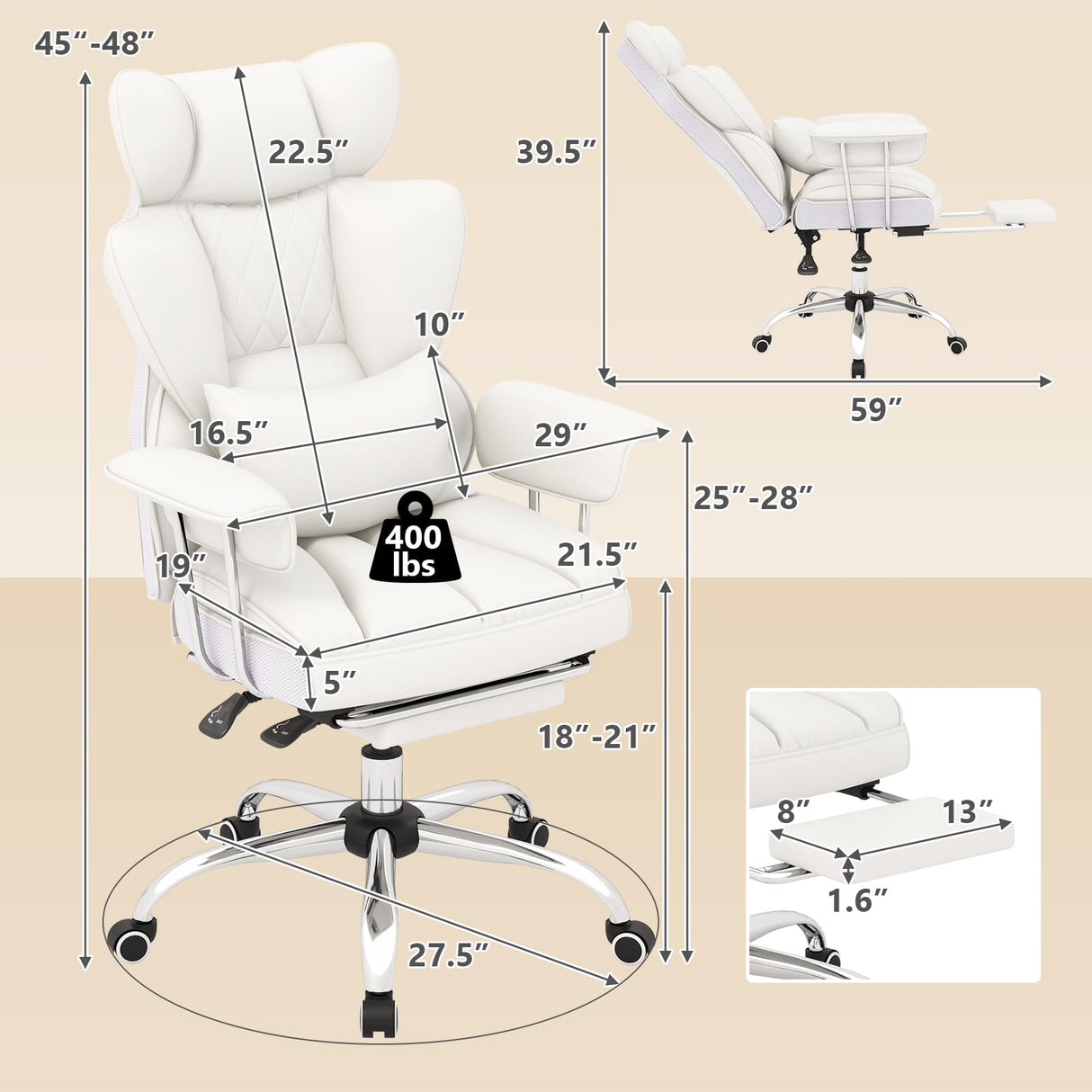 Big and Tall Executive Office Chair with Footrest - 400 LBS Capacity