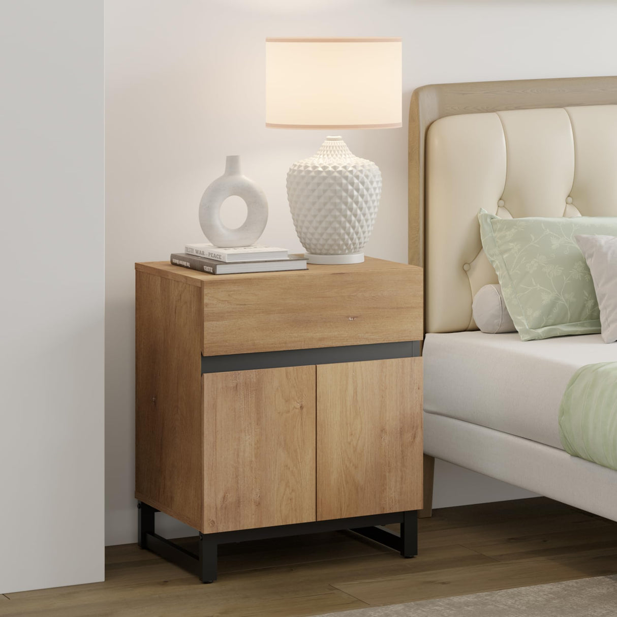 Nightstand with 1 Drawer & 1 Storage Cabinet