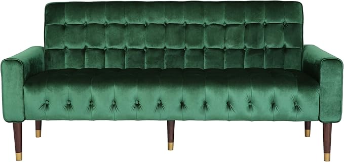 Adan Tufted Velvet Sofa Tipped Tapered Legs, Emerald and Gold Finish