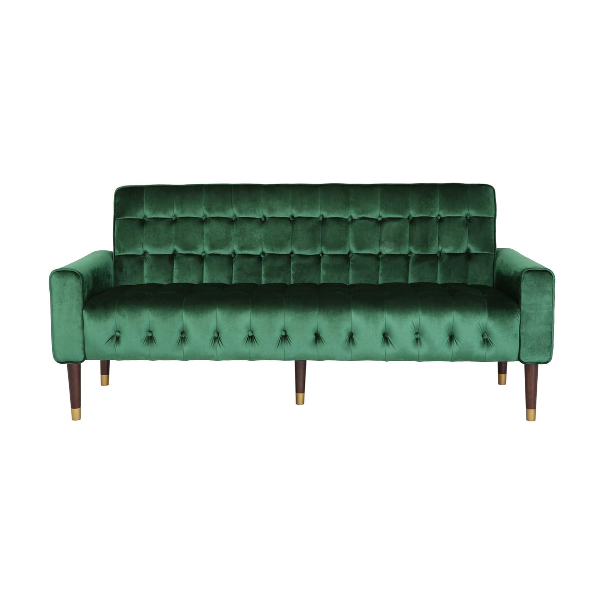Adan Tufted Velvet Sofa Tipped Tapered Legs, Emerald and Gold Finish