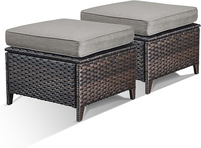 Patio Ottomans Set of 2 Outdoor Ottomans Wicker Foot Stools 2 Piece Footrest PE