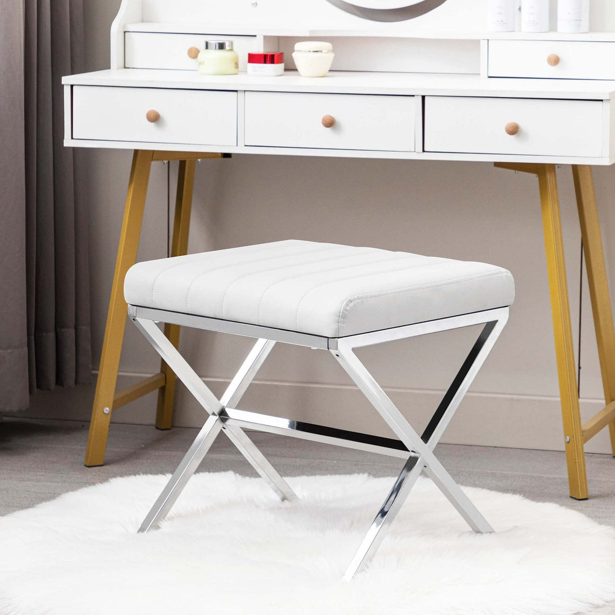 Vanity Stool,Modern PU Leather Ottoman Stool Chair for Vanity,Vanity Bench with Metal X Legs