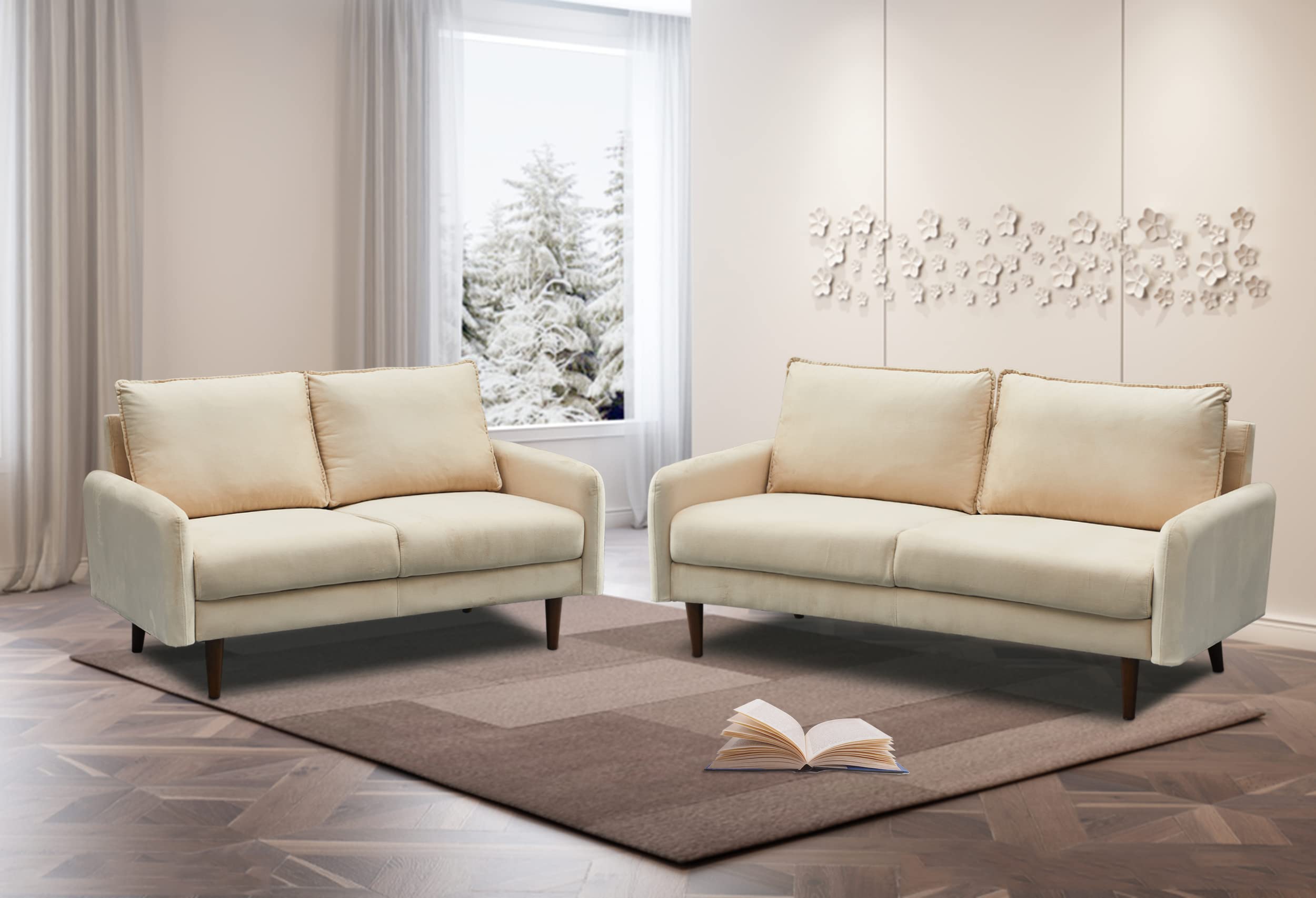 Velvet Loveseat Mid-Century Modern Sofa Tufted Couch with Wooden Legs for Living Room - Beige