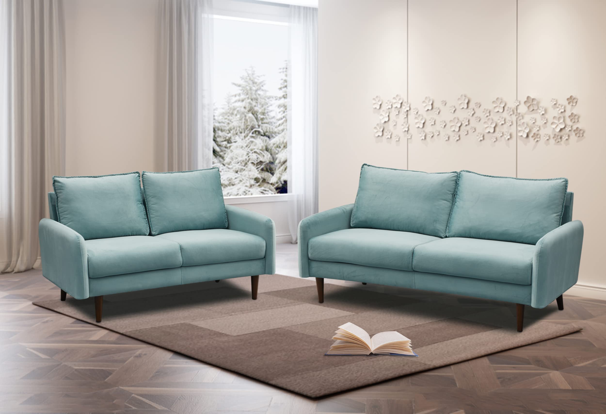 Velvet Loveseat Mid-Century Modern Sofa Tufted Couch with Wooden Legs for Living