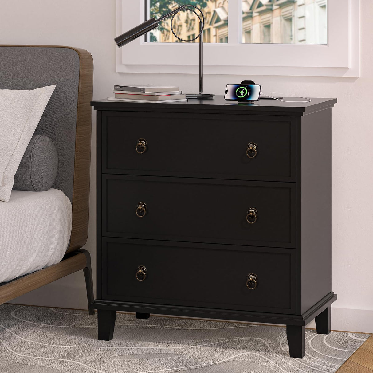Large Black Nightstand with Charging Station, 3 Drawers Nightstand 29.8" X 27.6"