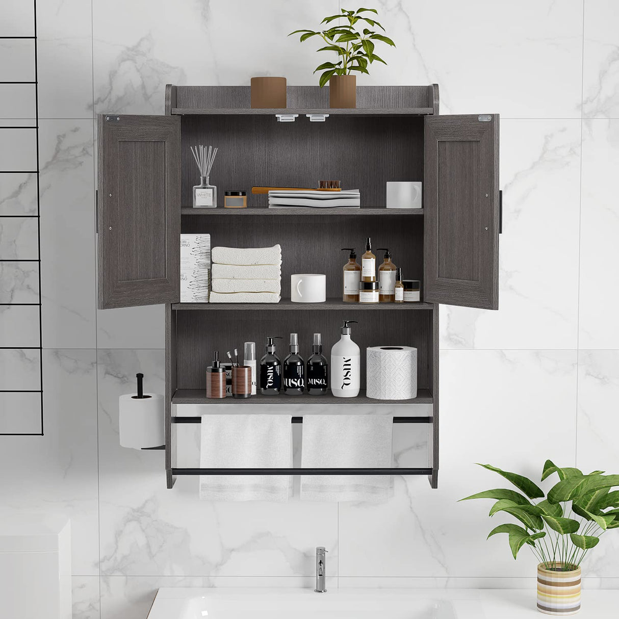 Bathroom Wall Cabinet, Wooden Medicine Cabinet Over The Toilet with Adjustable