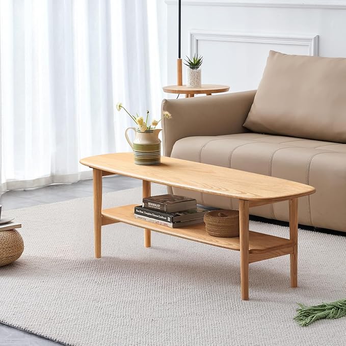 100% Solid Oak Wood Coffee Table - 2-Tiers Coffee Table with Open Shelf Living Room