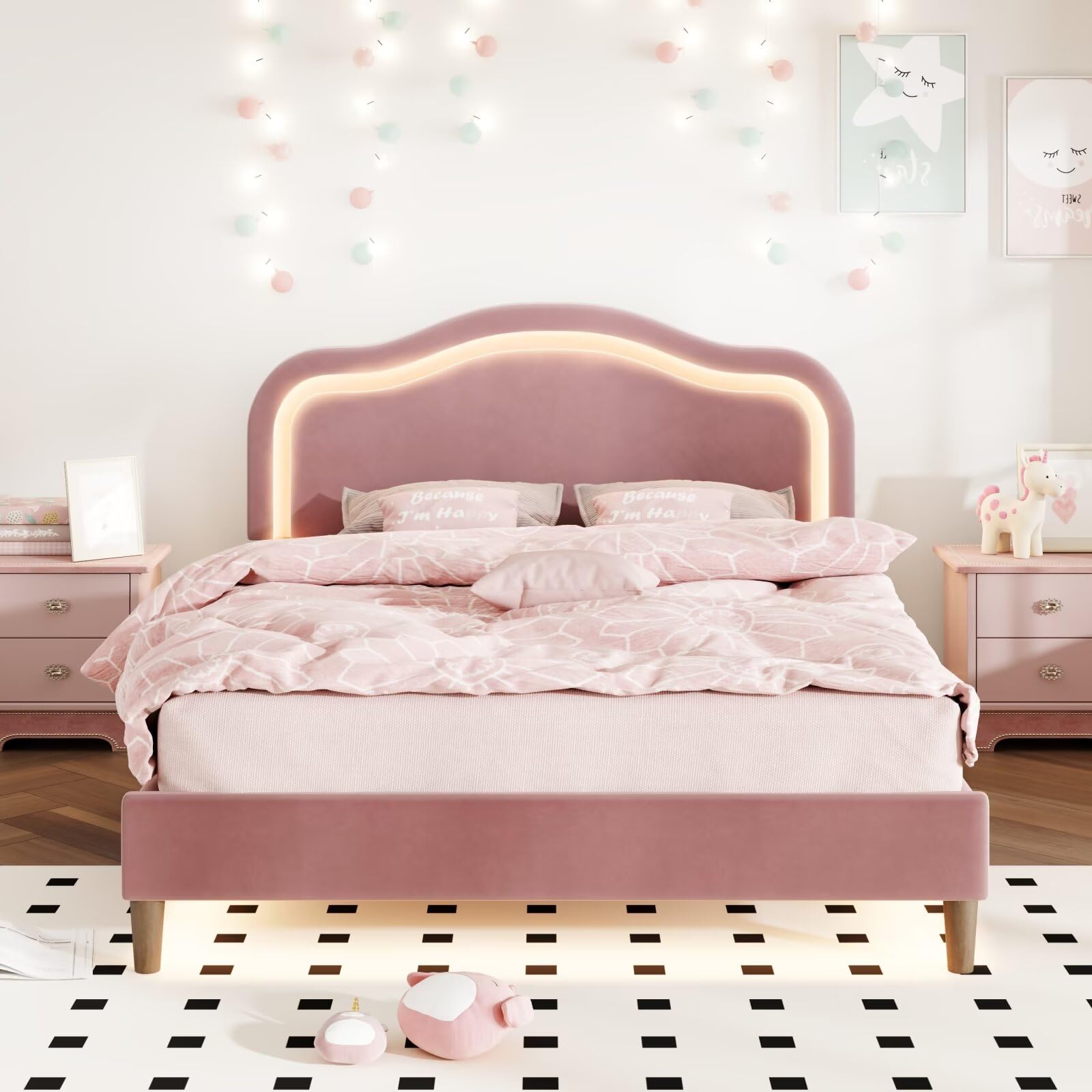 JIJIWANG Queen Size Velvet Upholstered Smart LED Bed Frame with Adjustable Height Headboard,No Box Spring Needed,Easy Assembly,Pink