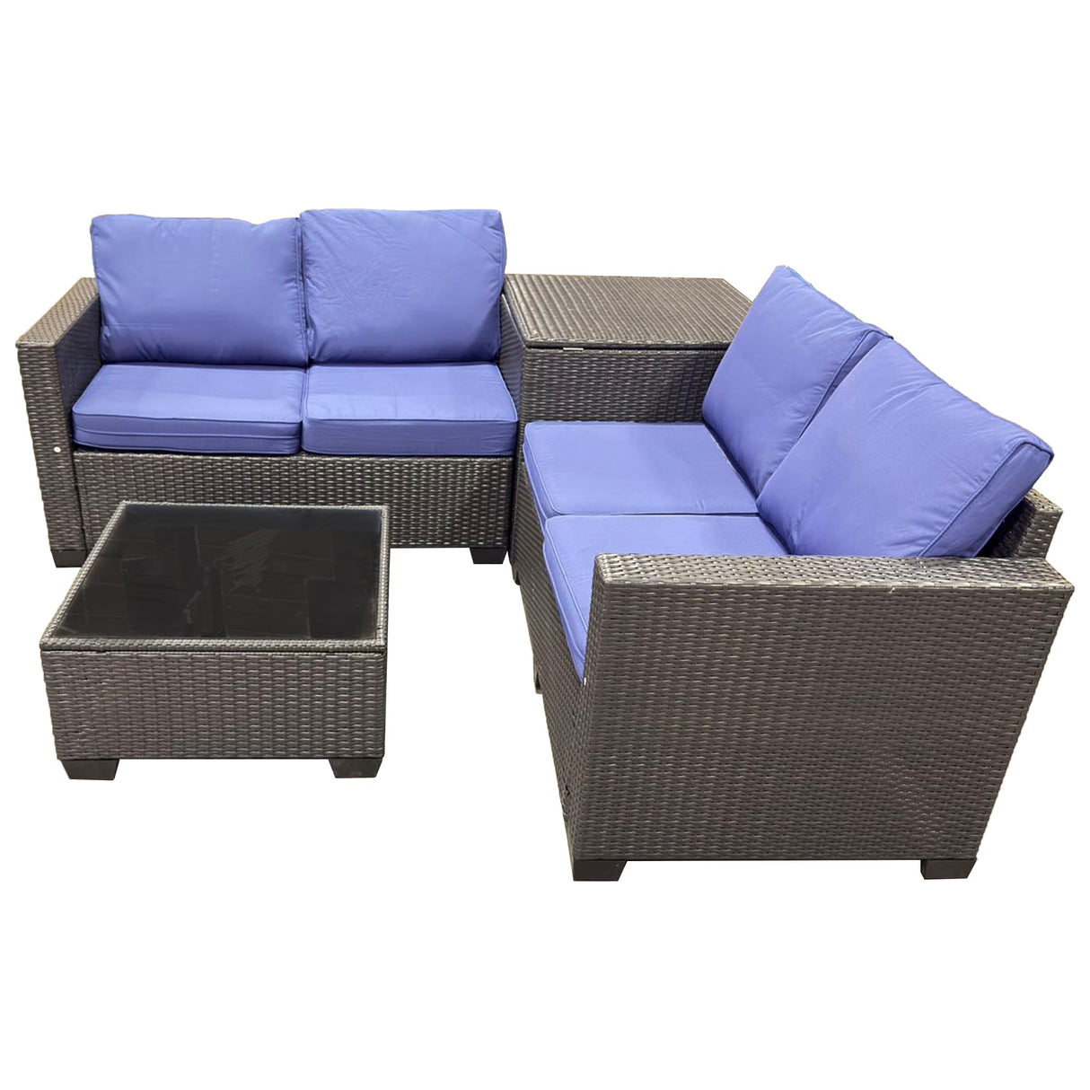 4-Piece Outdoor Patio Furniture Set with Glass Table and Storage Box - Blue Cushions