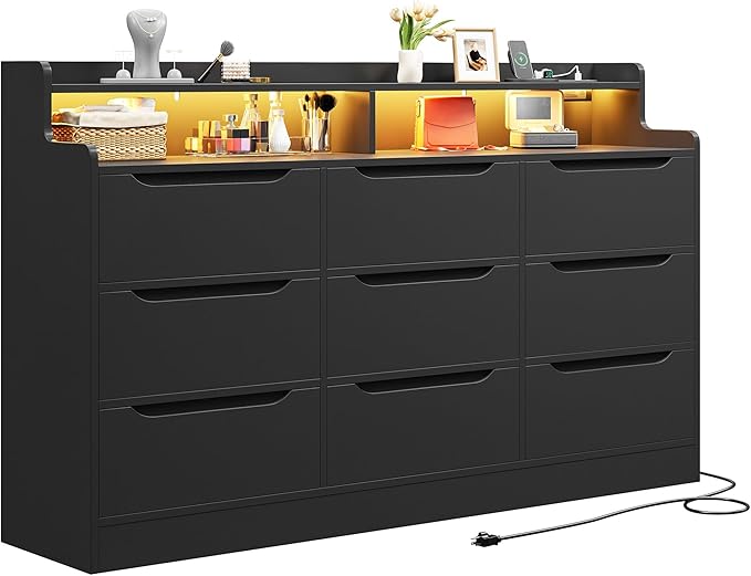 9 Drawers Dresser with LED Light Storage Shelves,White Dresser for Bedroom