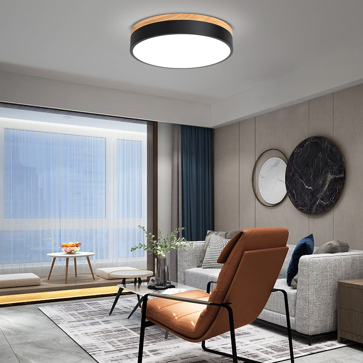 Modern Dimmable Wood LED Close to Ceiling Light, 2700K-6000K 5CCT Round Black