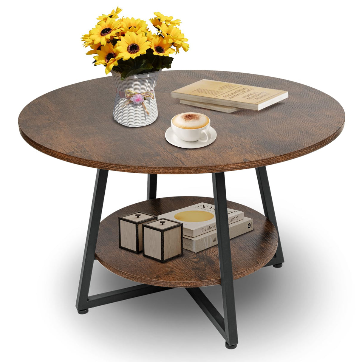 Round Coffee Table, 2-Tier Circle Coffee Table with Storage