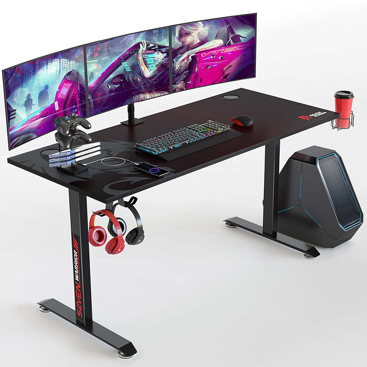 Gaming Desk 55’’, T-Shaped Carbon Fiber Surface Computer Desk with Full Mouse Pad