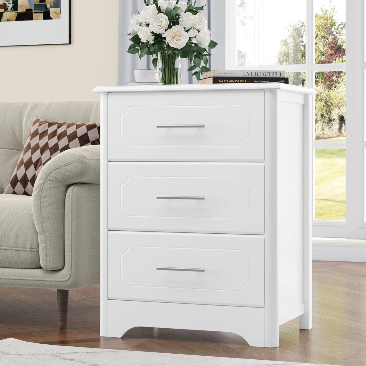 Wide Modern White Dresser, Tall Nightstand