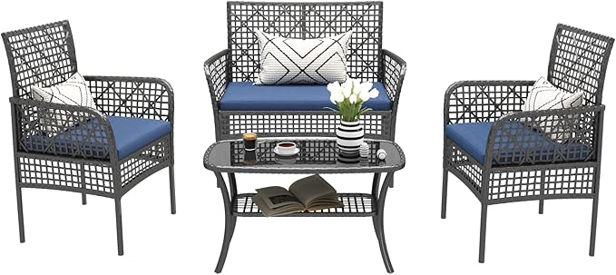 4 Pieces Outdoor Patio Furniture Set,PE Rattan Wicker Garden Conversation Chairs
