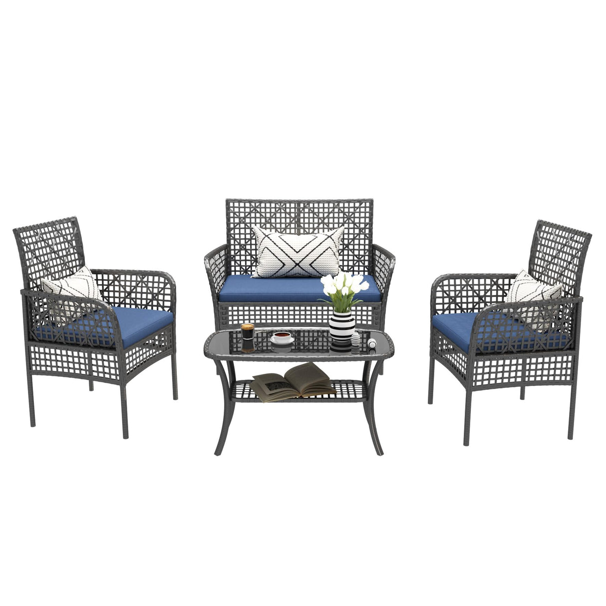 4 Pieces Outdoor Patio Furniture Set,PE Rattan Wicker Garden Conversation Chairs