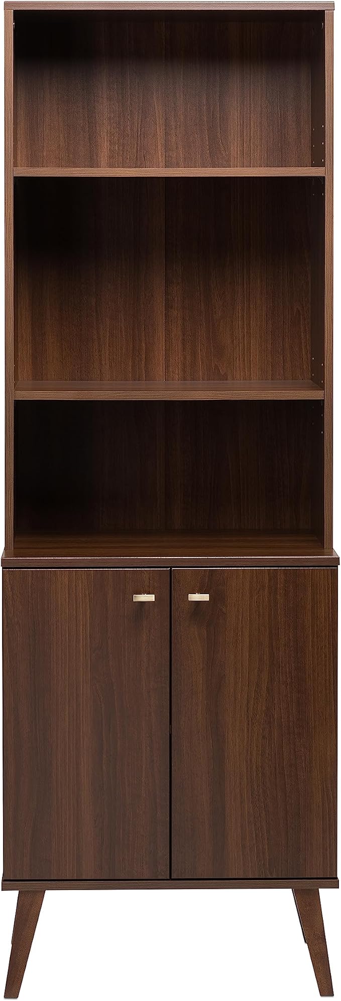 Mid-Century Modern Bookcase with Six Shelves, Two Doors, and Brushed Brass-Finished