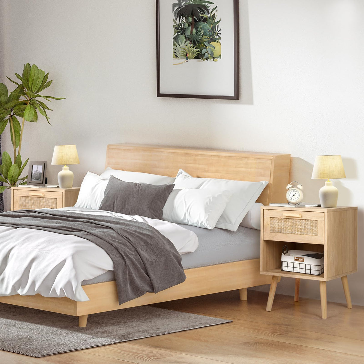 Rattan Nightstand, Night Stands with Hand Made Rattan Decorated Drawer, End Table