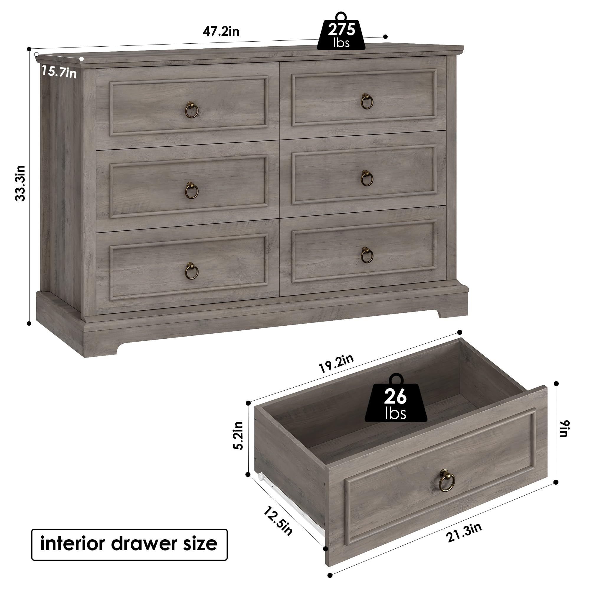 6 Drawer Double Dresser, Modern Farmhouse Chest of Drawers