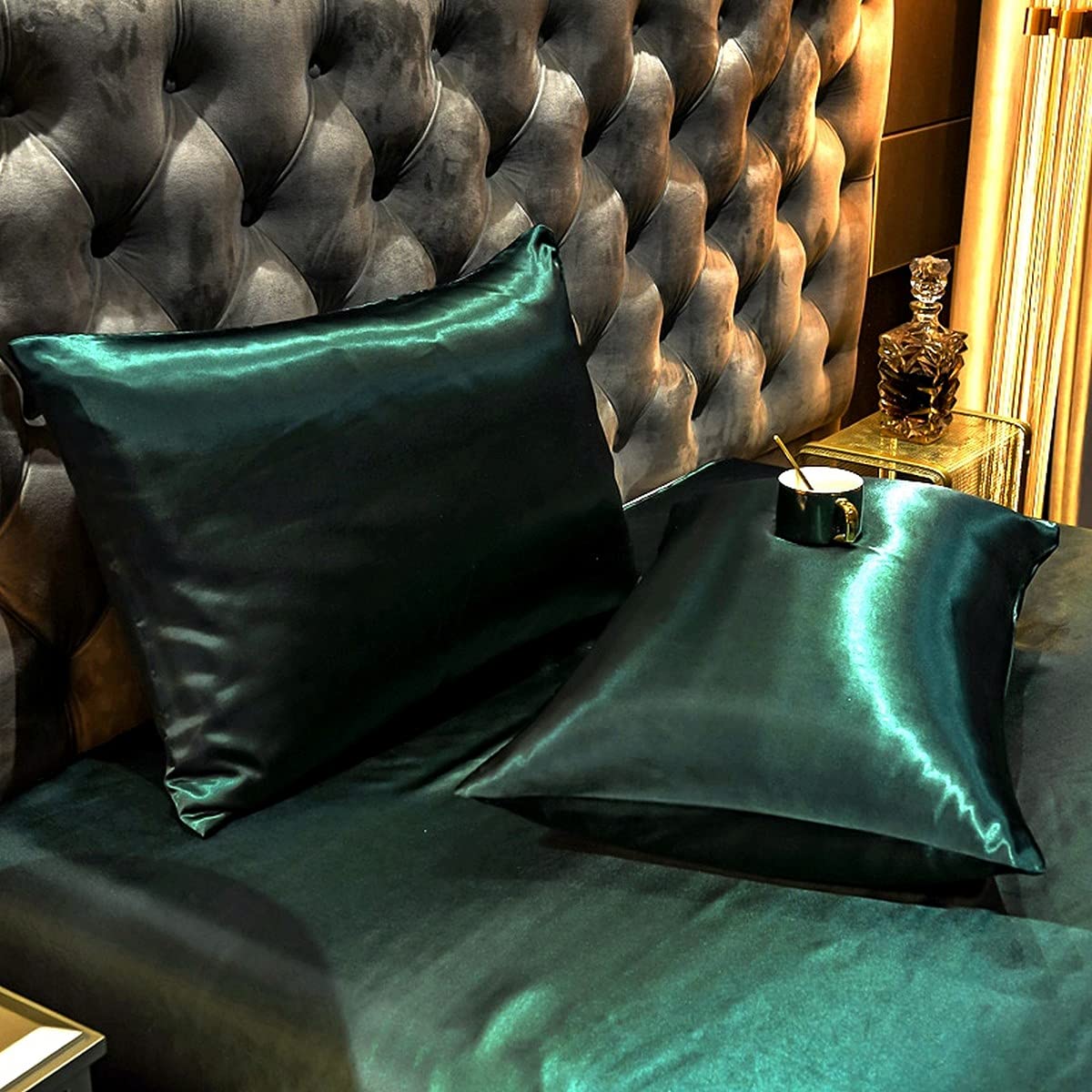 Hotel Green Duvet Cover Set Queen Silk Like Satin Bedding Set Summer Reversible