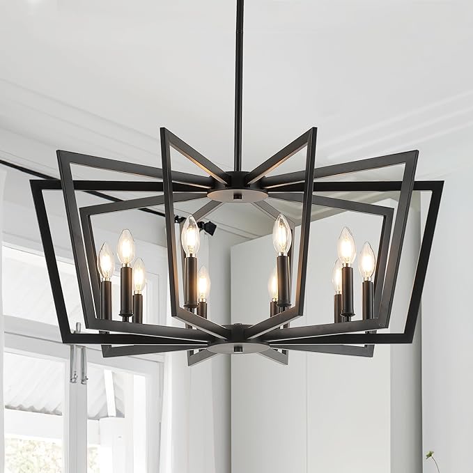 8-Light Black Metal Chandelier for Dining Room, Modern Farmhouse Geometric Industrial