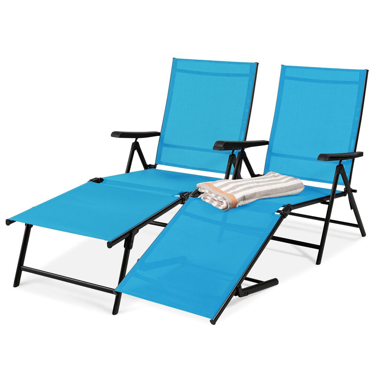Set of 2 Outdoor Patio Chaise Lounge Chair Adjustable Reclining Folding Pool Lounger for Poolside, Deck, Backyard w/Steel Frame, 250lb Weight Capacity - Sky Blue