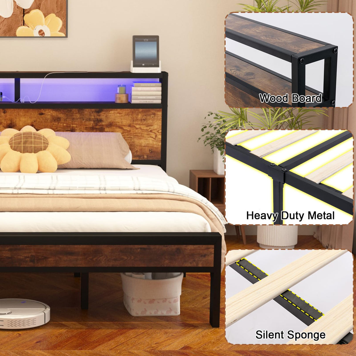 LoVinson Queen Size Bed Frame with LED Lights, 2-Tier Storage Headboard with Charging Station, Wood Slat Support, No Box Spring Needed, Noise Free, Easy Assembly, Rustic Brown