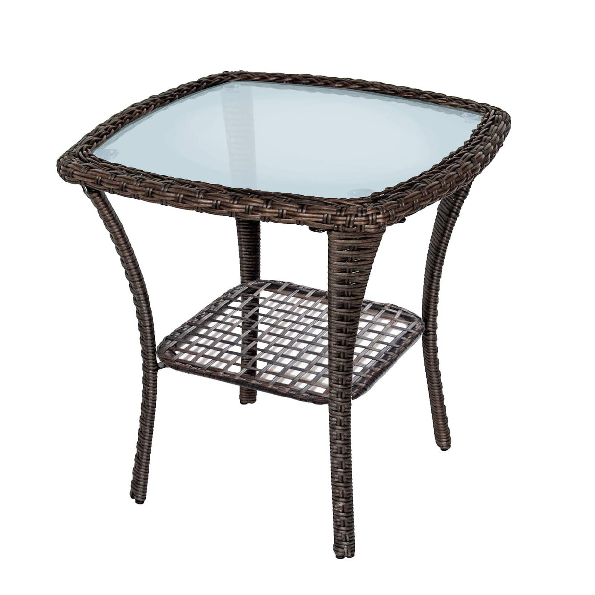 Outdoor Side Table, Indoor Outdoor Tempered Glass Top Wicker Coffee Bistro Table