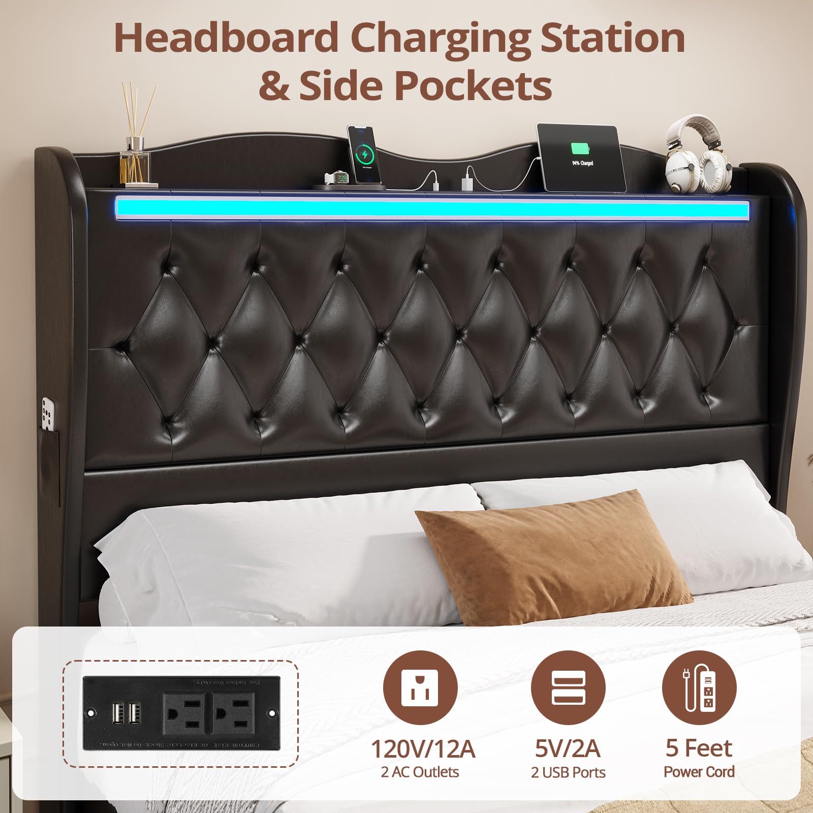 BTHFST Queen Size Bed Frame Tall Headboard with LED Lights & Charging Station, Upholstered Wing Headboard & Footboard, Heavy Duty Wooden Slats, No Box Spring Needed, Easy Assembly (Black, Queen)