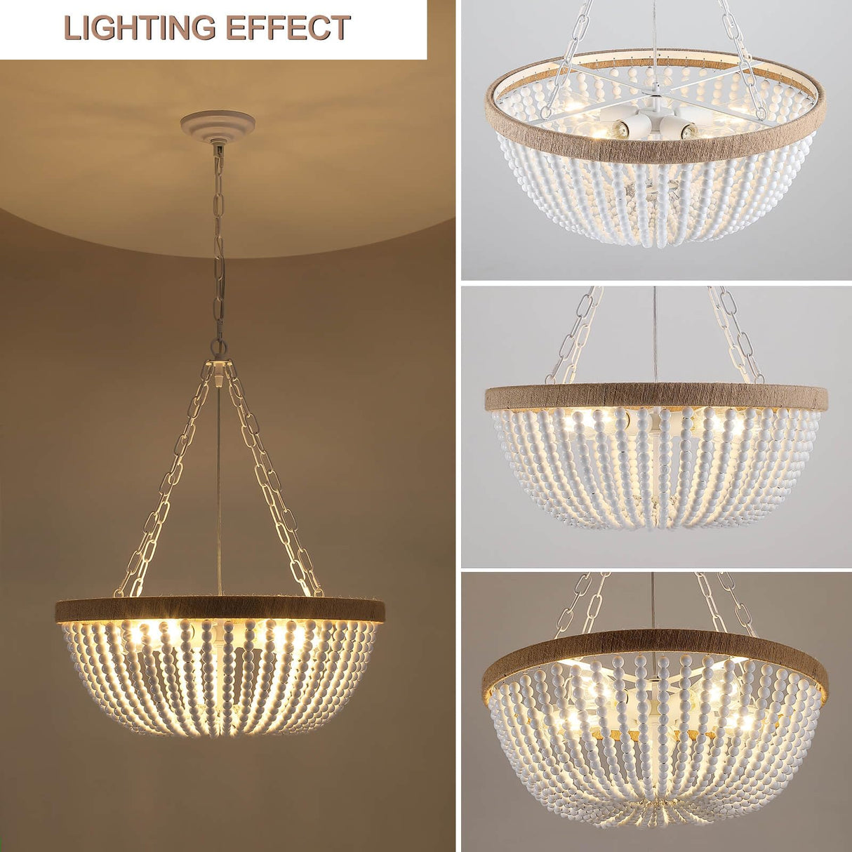 5 Lights White Bohemia Wood Beaded Chandelier, Farmhouse Boho Chandelier Light