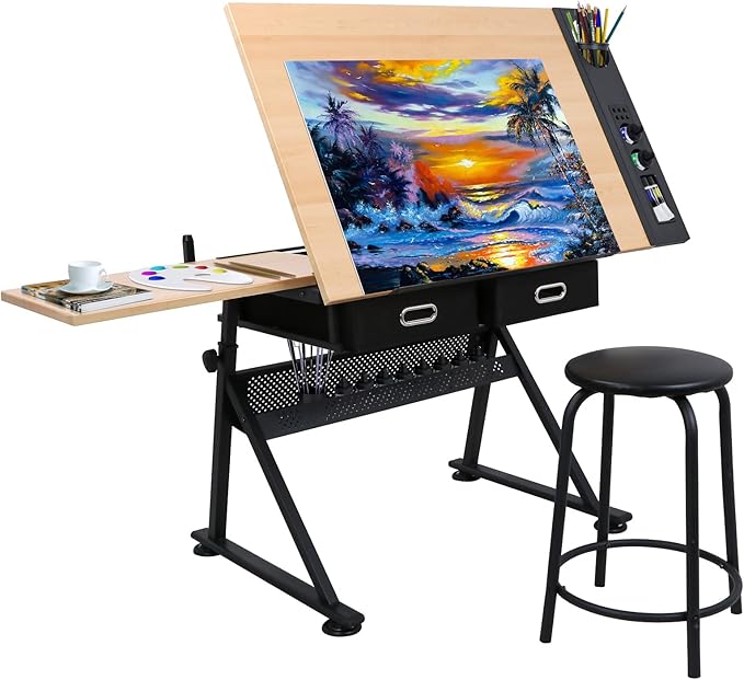 Tilting Drawing Desk with Stool | Adjustable Artist Table with Storage & Outlet